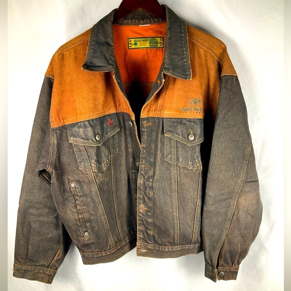 Vintage 90s Bulge Boy Men Denim Jacket XL Gold Crest 56 Two Tone Brown Blue Rare - Picture 1 of 13